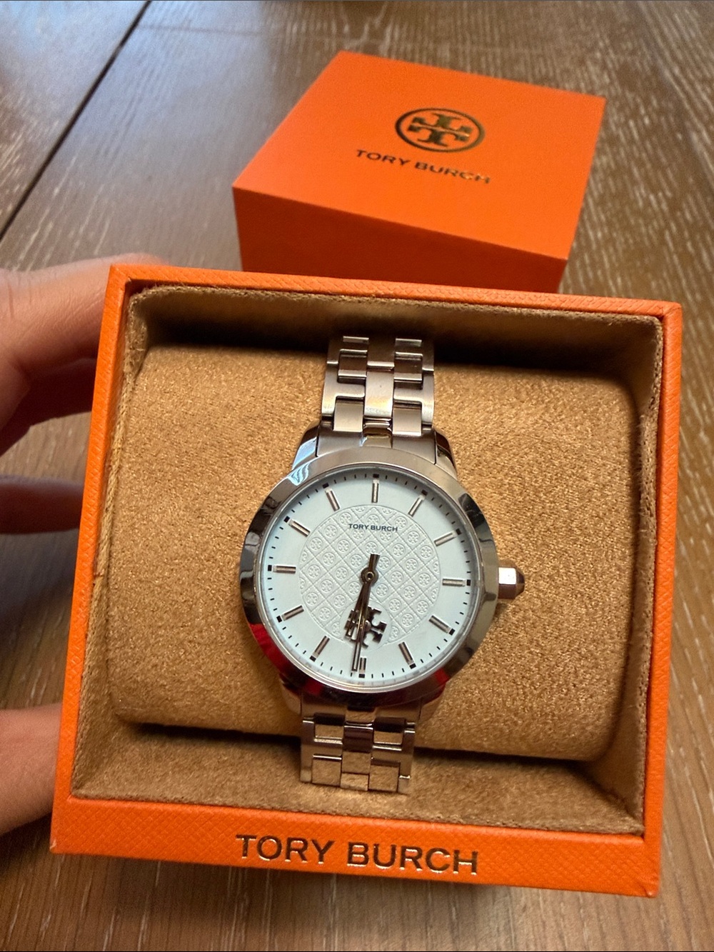 Tory Burch Silver Stainless Steel Bracelet Watch with Blue Dial